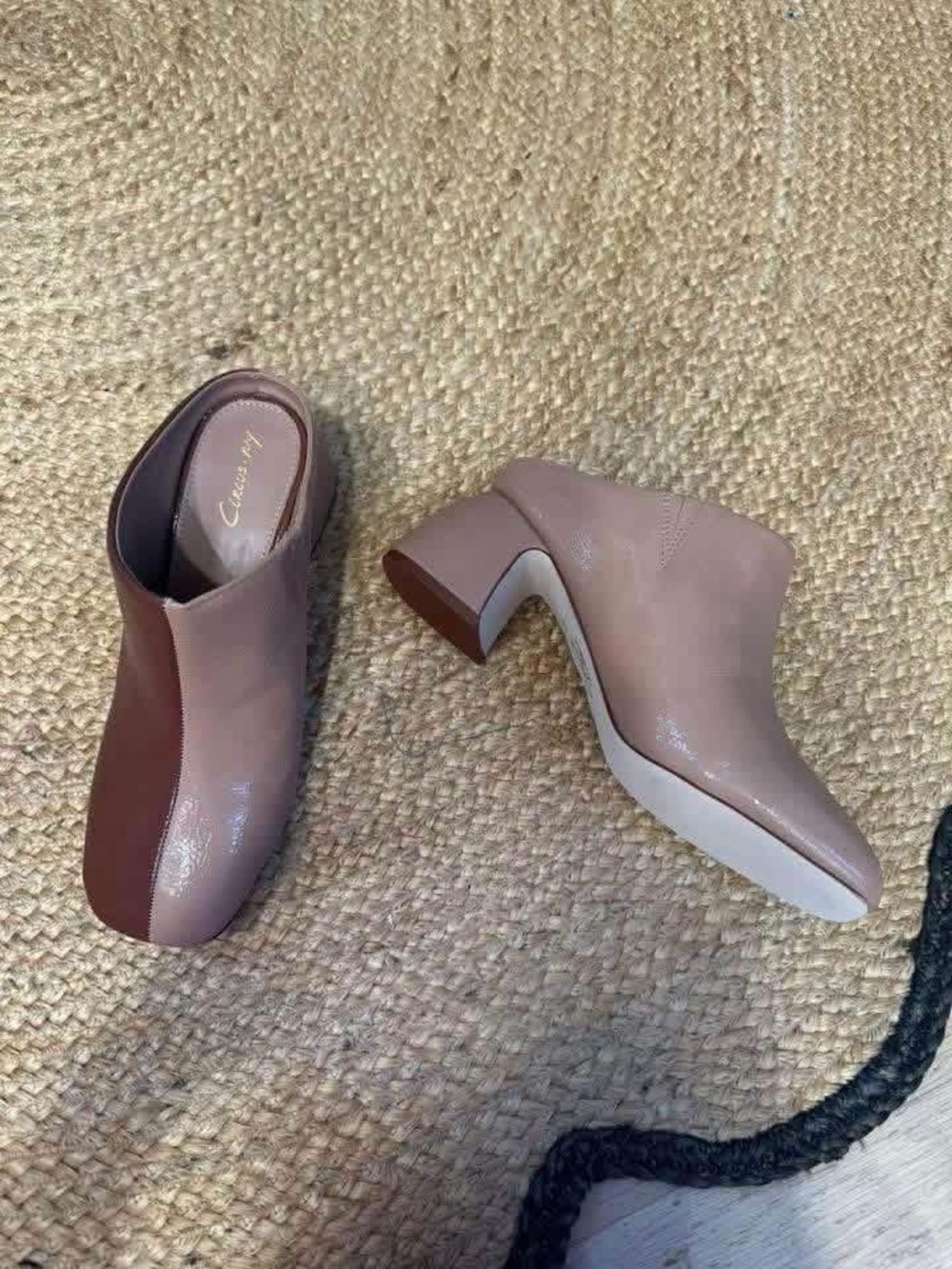 Blush Pink & Rusty Brown Block Heel Mules
